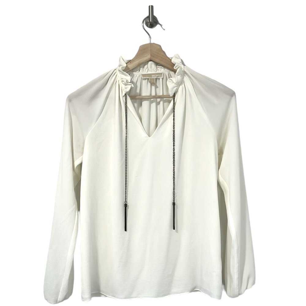 Michael Kors Ivory Tie Front Tassel Ruffle Neck Blouse Extra Small XS